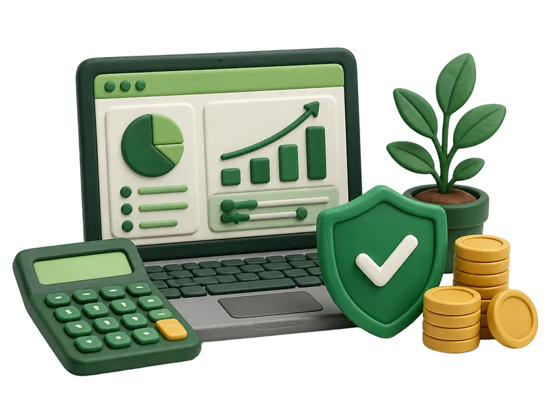 3D illustration of a laptop, calculator and security shield representing tax calculation